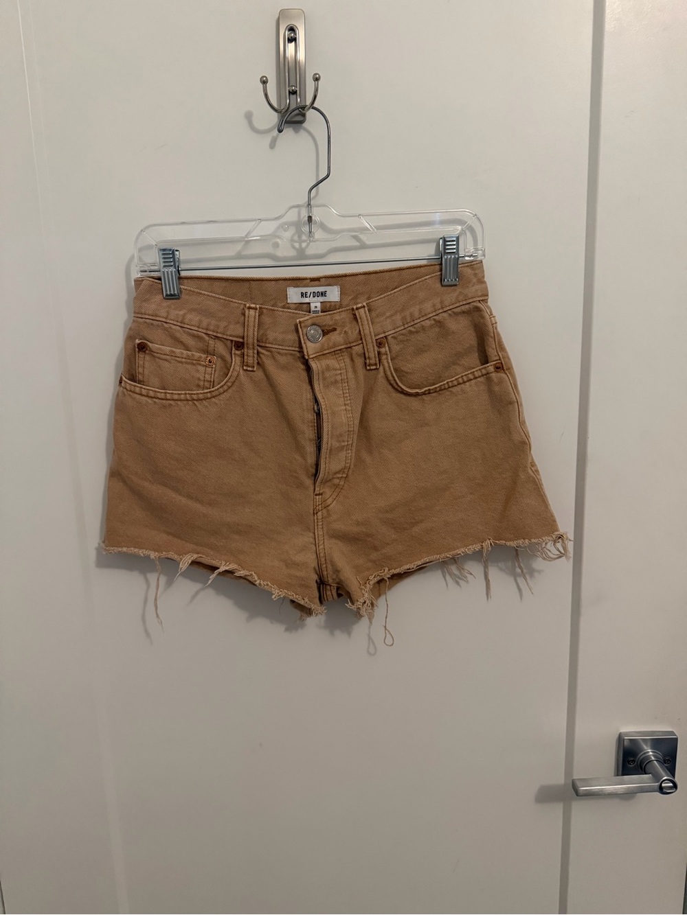 Re/Done Camel Tan High-Rise Raw Hem Denim Shorts